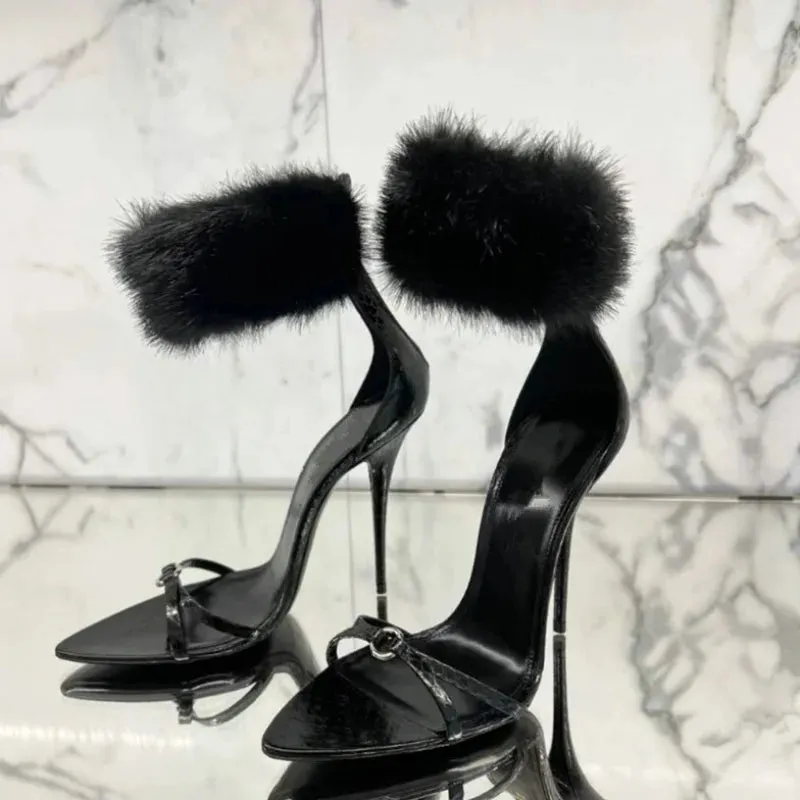 TAVIMART  -  New Summer Sandals European Black Banquet With Sexy Mink Hair Sandals Women High Heels