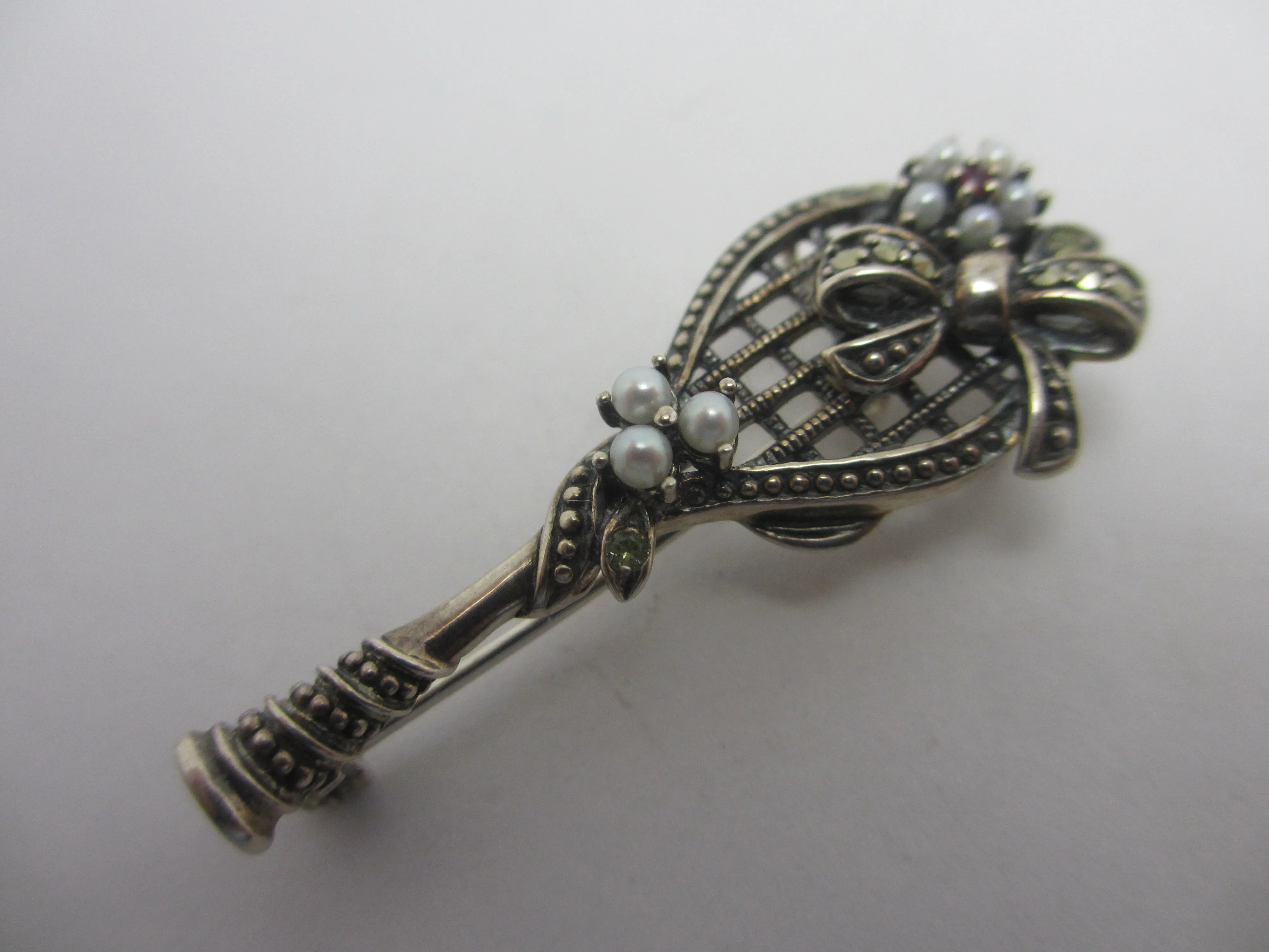 Tennis Racket Sterling Silver Brooch Pin with Seed Pearls & Tourmaline Vintage c1980