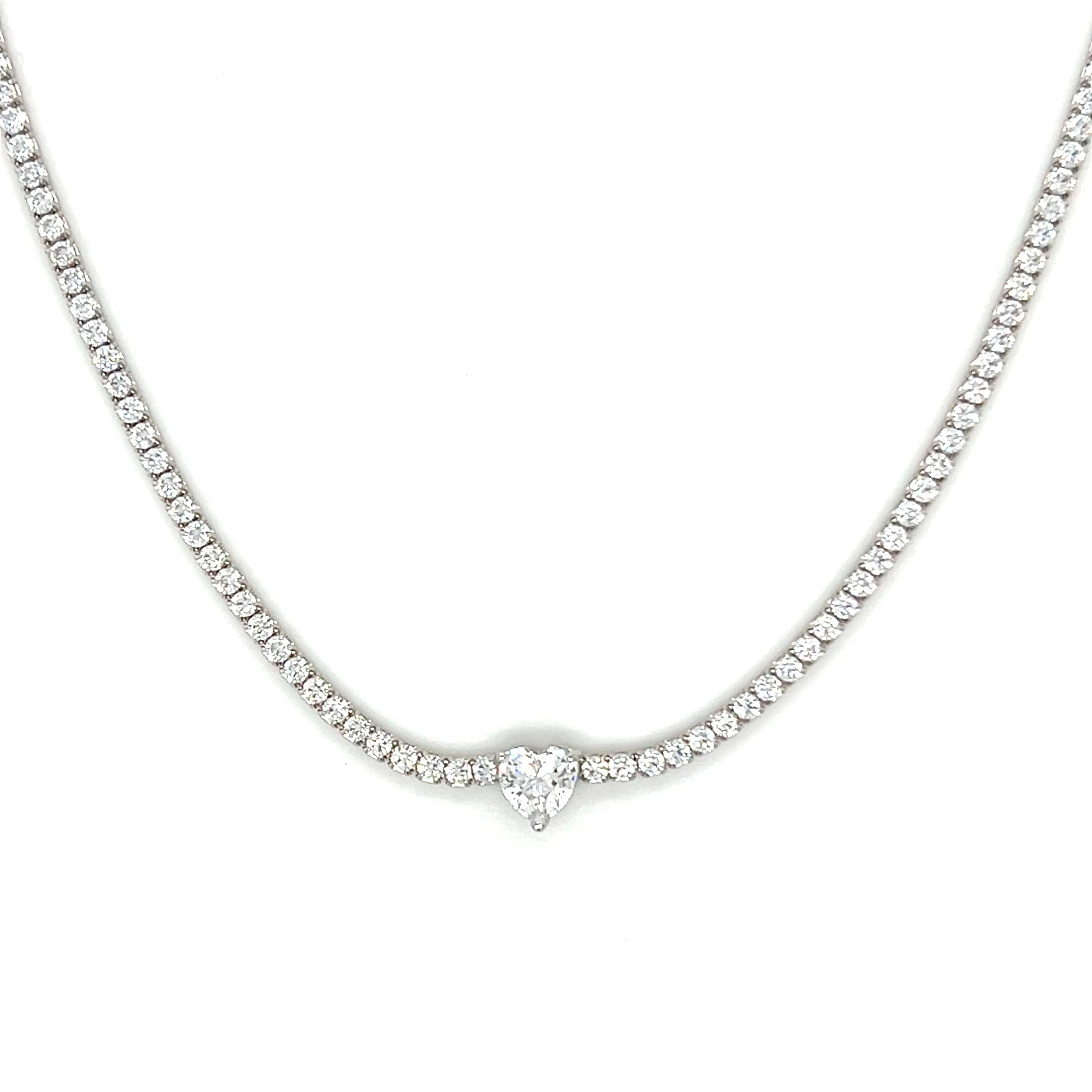 Thin Diamond CZ Heart Center Tennis Necklace