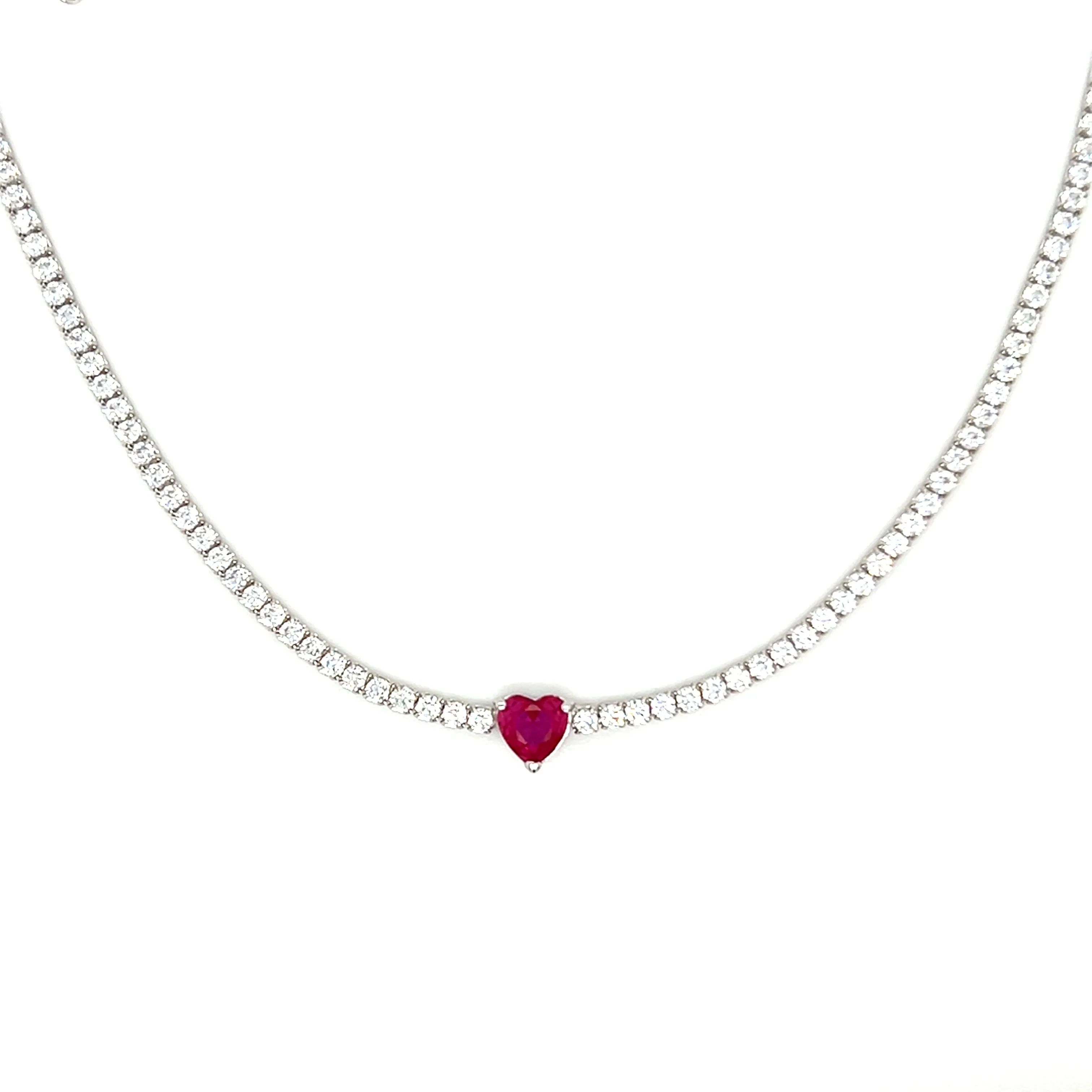 Thin Diamond CZ Heart Center Tennis Necklace