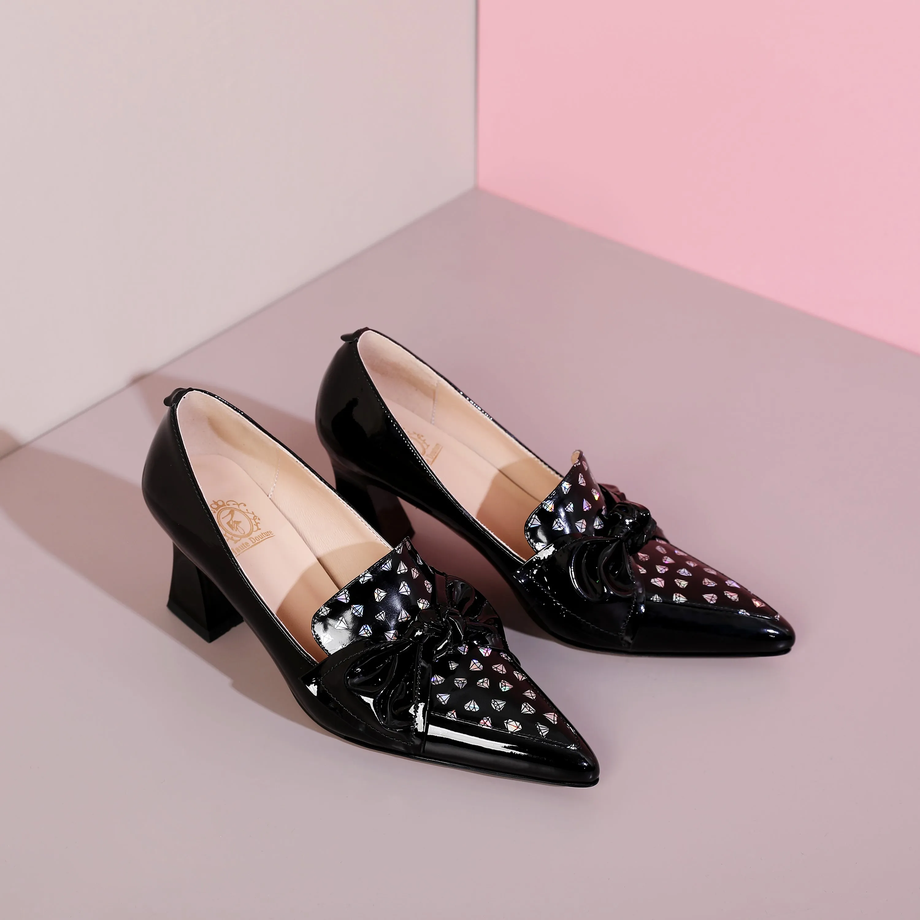 TinaCus Glossy Patent Leather Women's Handmade Pointed Toe Dots Decor Spool Heel Pumps with Bowknot