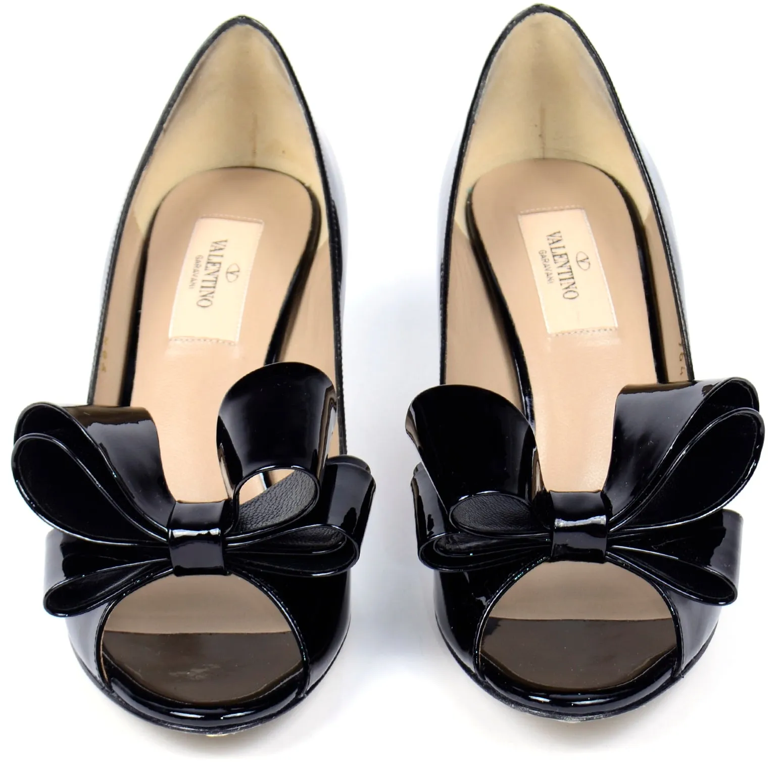 Valentino Garavani Black Patent Leather Open Toe Bow Shoes with Heels