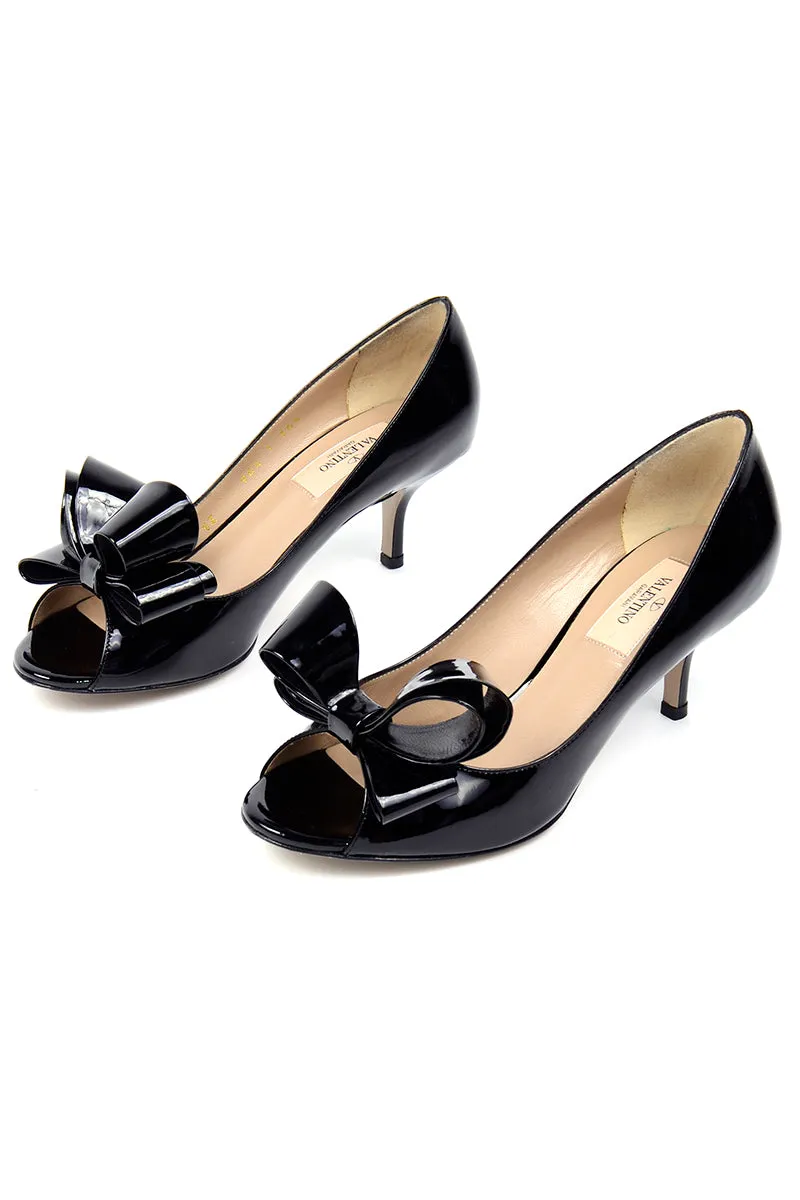 Valentino Garavani Black Patent Leather Open Toe Bow Shoes with Heels