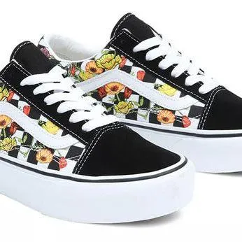 Vans Unisex Old Skool Platform Poppy Check Shoes - Black / White / Yellow / Green