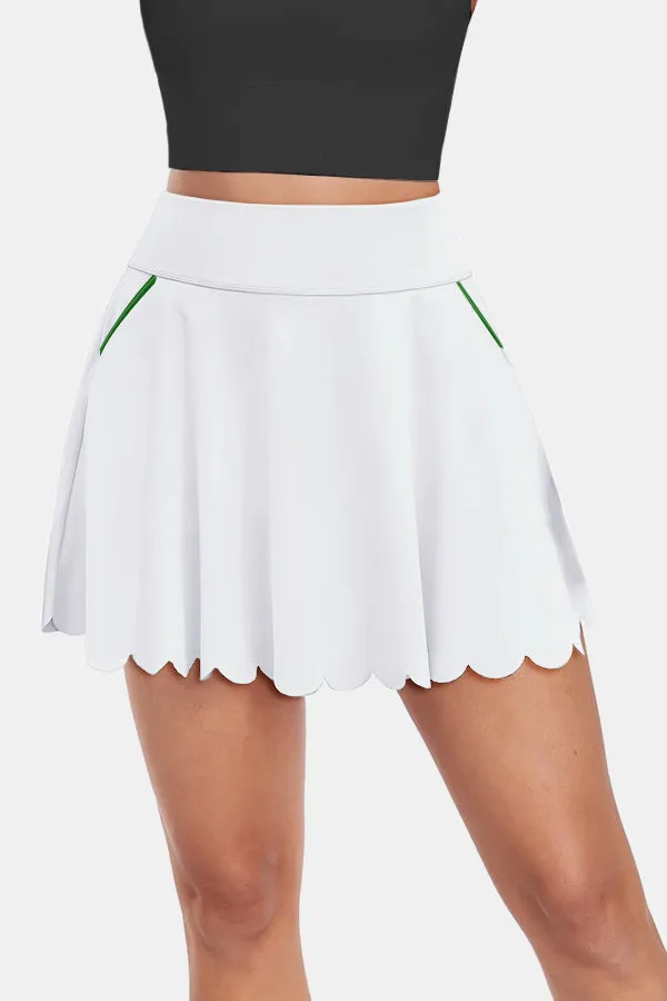 White Scalloped High Waist Colorblock Pockets Tennis Skirt