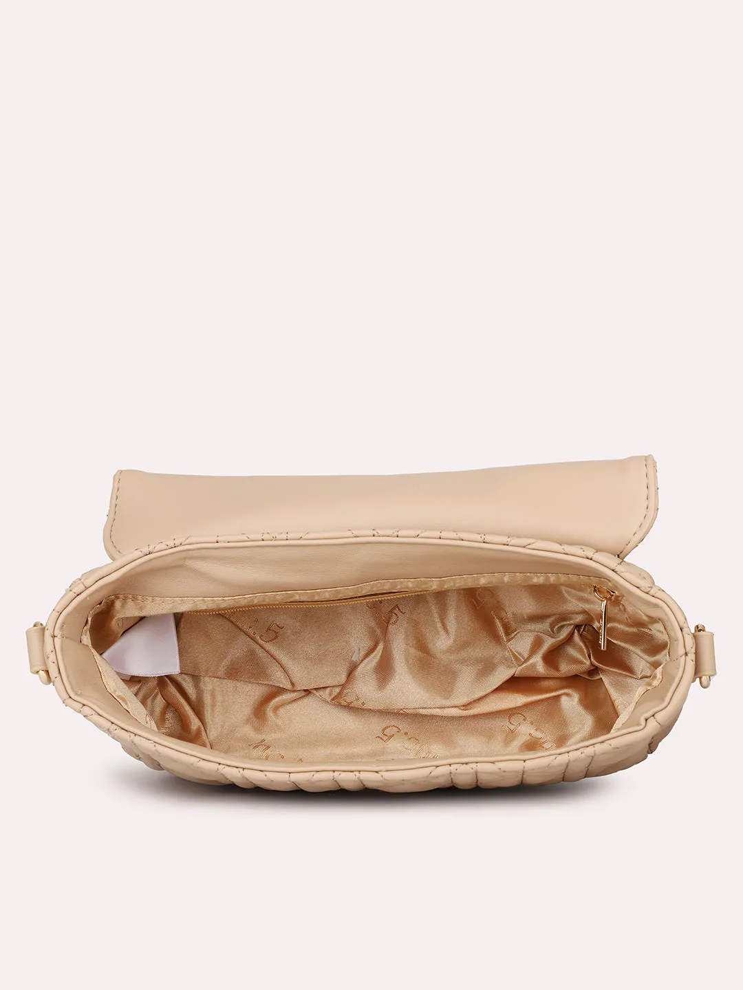 Women Beige Textured Structured Sling Bag With Quilted Detailing