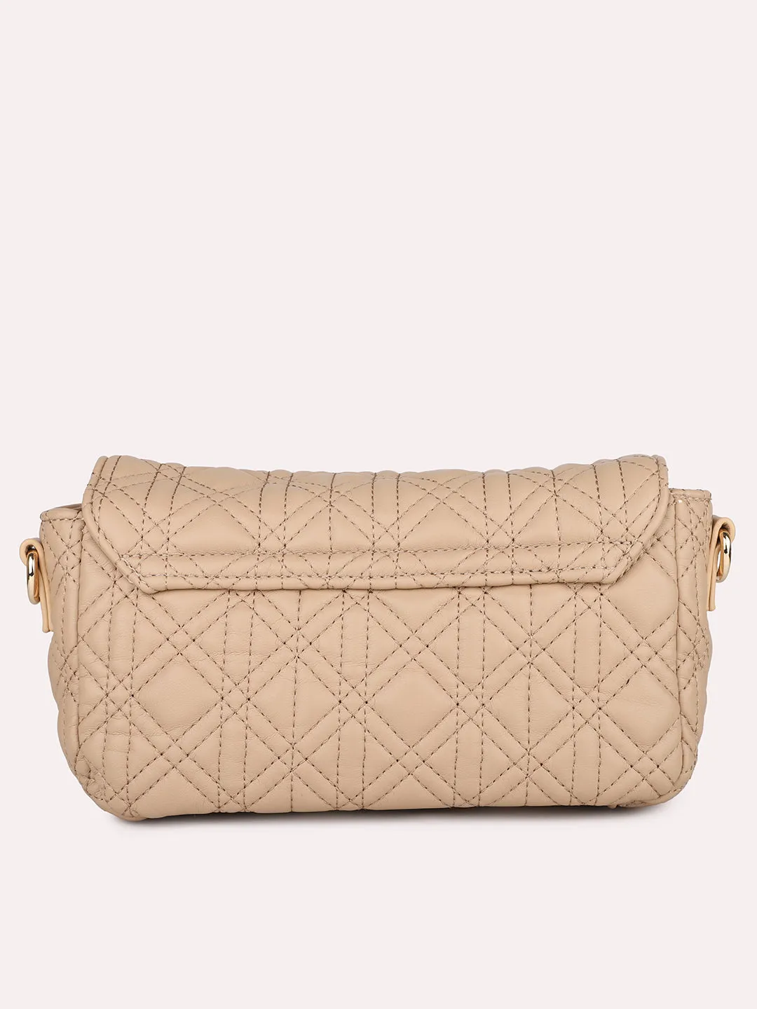 Women Beige Textured Structured Sling Bag With Quilted Detailing