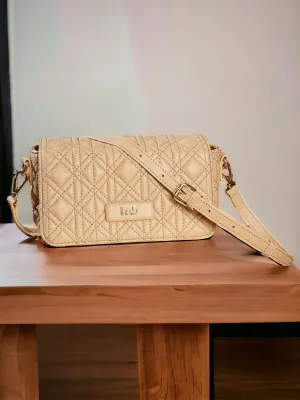 Women Beige Textured Structured Sling Bag With Quilted Detailing