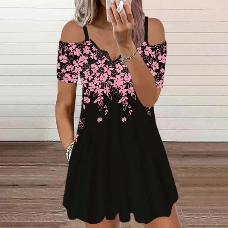 Women's Lace V-Nck Floral Print Sexy Dress